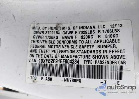 2014 Honda Civic Ex-L из США, поврежденный, VIN 19XFB2F91EE004384